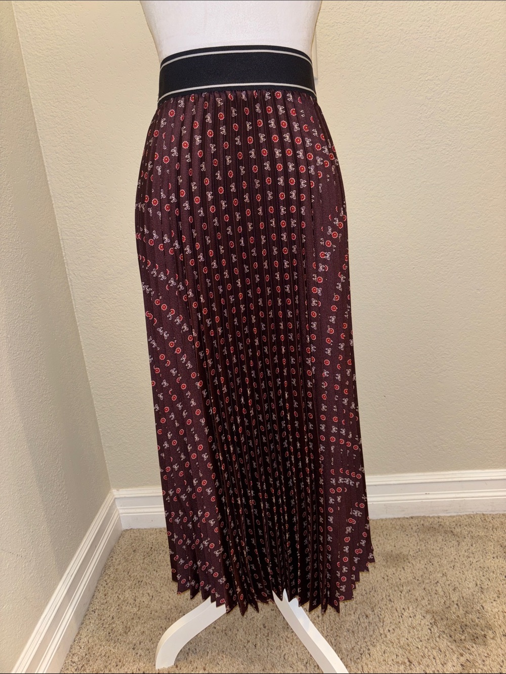LOFT Wine Floral Pleated Maxi Skirt with Black Waistband